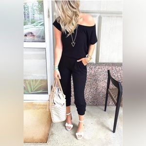 Womens Summer Off Shoulder Jumpsuit Casual Short Sleeve Elastic Waist Rompers